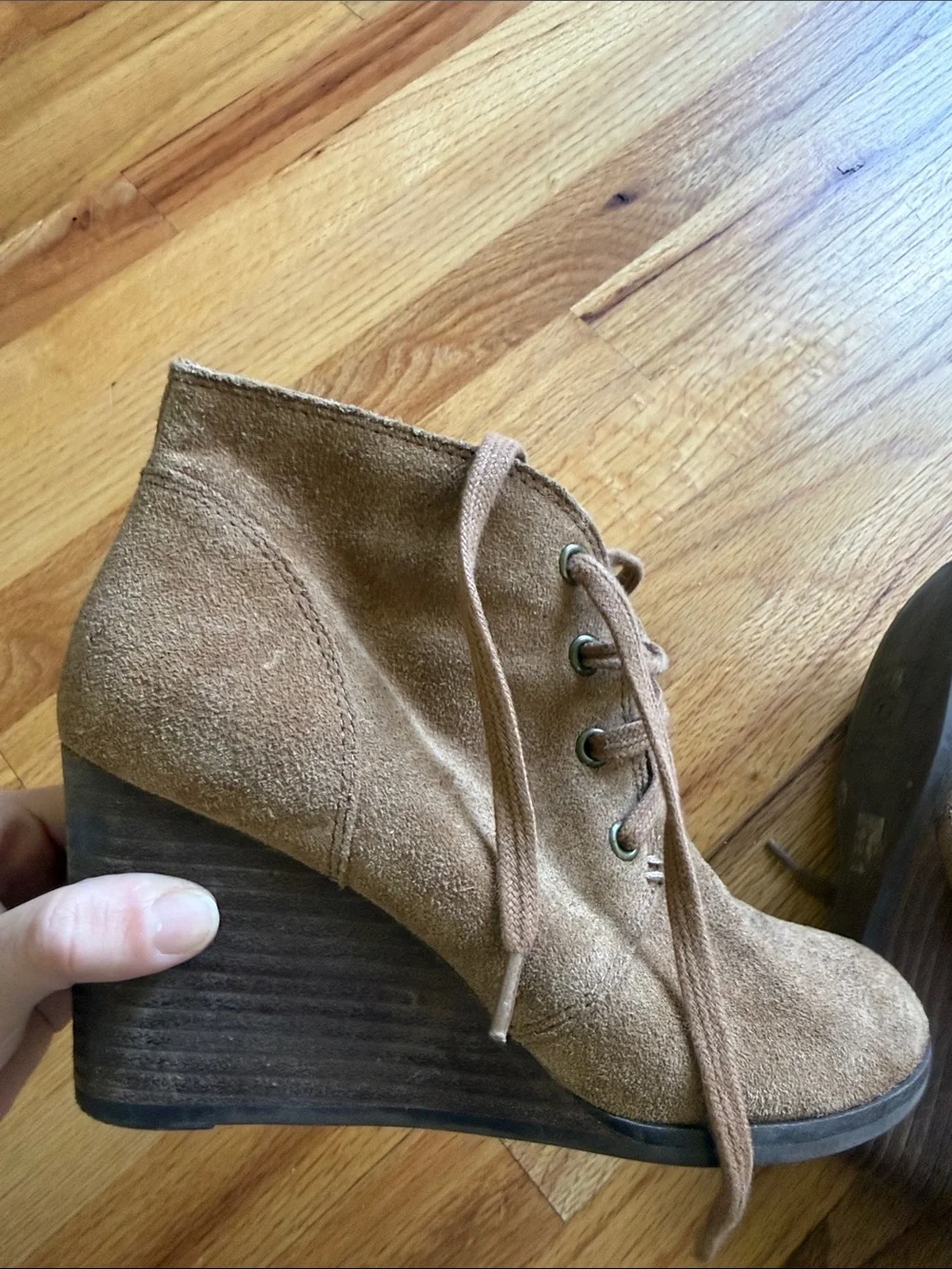 Lucky Brand Lace-Up Wedge Booties in Tan Suede